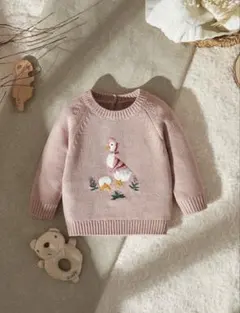 ベビー服 長袖 セーター ニット 刺繍 ピンク 女の子 70cm アヒル