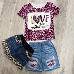 ピンクヒョウ柄Tシャツとショートパンツ3点セット