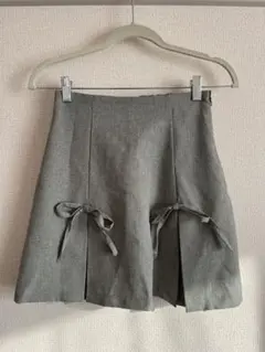 リボン付きプリーツミニスカート ライトグレー 【インパン有り】