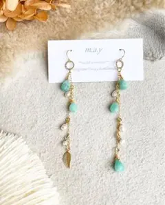 14kgf*アマゾナイトと淡水パール揺れる華奢ピアス*