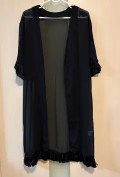 【美品】EMODA フリンジガウン 半袖 シアー ジレ ロングカーディガン 黒
