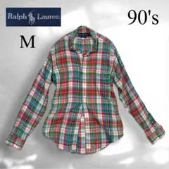 90's ラルフローレン　リネンチェックシャツ　ボタンダウン　マドラスチェック