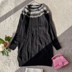 美品(M)ユニクロ　毛混　ヒザ丈ニットワンピース　　アーガイル柄　ノルディック