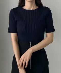 ●値下げ●Louere ボートネック半袖リブニット【S】ネイビーのサムネイル