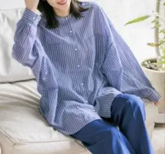 ニコアンド プレミアムローンドロストシャツ ネイビーストライプ ロング