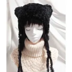 3way ネコ耳ニット帽　ハンドメイド　手編み　モコモコ　リボン　ブラック