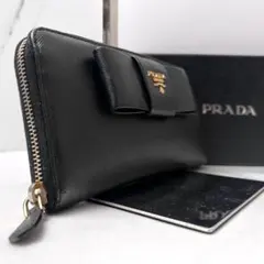 ◇美品◇プラダ　サフィアーノレザー長財布　ロゴ金具　リボンデザイン　ブラック