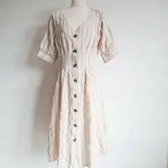 ワンピース　ストライプ　Vネック　爽やか　ベージュ 半袖シャツ