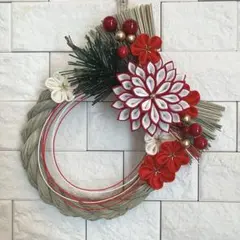 しめ縄リース　# お正月飾り # つまみ細工　水引松 和風　紅白