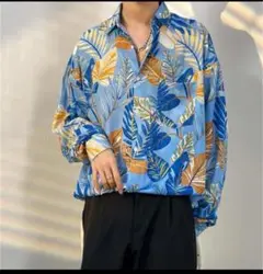 【水色】ヴィンテージ風　メンズシャツ 長袖　水色　ブルー　ボタニカル　リーフ柄