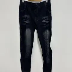デニムプリント レギンスパンツ ブラック ストレッチ ウエストゴム ロゴ