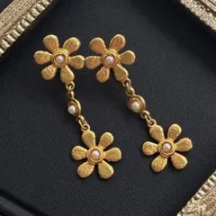 美品【希少】ヴィンテージ KENZO フラワー ゴールド イヤリング パール