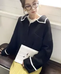 【classicalelf】オーバーサイズ 配色襟付ニットカーディガン L