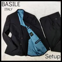 【上質】バジーレ☆メンズストライプスーツ　上下セットアップ　ネイビー　日本製　S