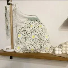かぎ編み　巾着　バッグ　フラワー　透け編み　ハンドメイド