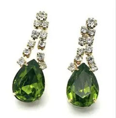 【美品】グリーンビジューピアス ヴィンテージ ゴールド 約4cm 雫型 高見え