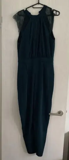 ダークグリーン レーススリーブ パンツドレス