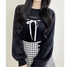 イング INGNI フェザーリブデコルテオープンリボンニット　黒