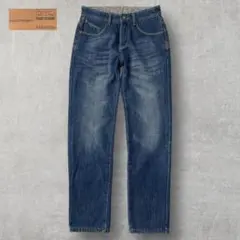 デニム ジーンズ ストレート 暖パン 裏起毛 防寒 レザー調パッチ ブルー 28