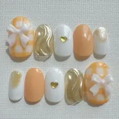 現品セール】ネイルチップ♡オレンジ ホワイト 量産型地雷韓国ワンホン