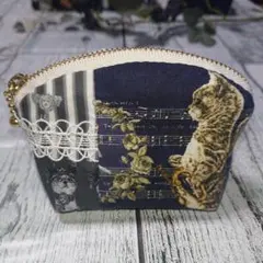 ハンドメイドポーチ ミニ 虹猫本舗 レース 猫と音楽柄 シック モノトーン