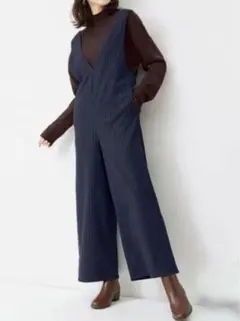 GU オールインワン サロペット　ストライプ　Vネック　厚地　ネイビー　M