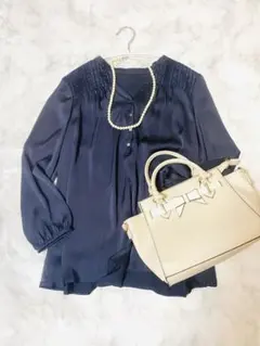 美品 NOLLEY'S 洗える ネイビー サテン 長袖 ブラウス ノーリーズ