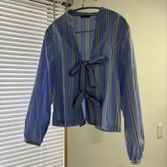ZARA 青 ストライプ リボン付き 長袖シャツ S
