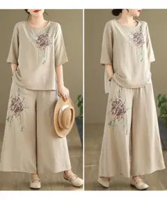 セットアップ上下 刺繍 Tシャツ ワイドパンツ 大きいサイズ 着心地いい