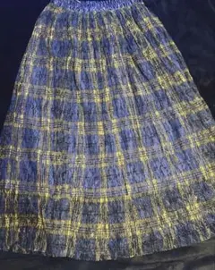 ネイビーとイエローのチェック柄レースロングスカート Mサイズ