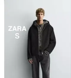 ZARA フェイクファーシャツジャケットフード付き ブラック　S