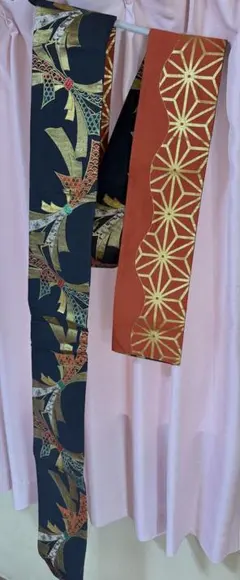 着物用帯 青地金色リボン 赤帯