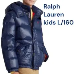 ポロラルフローレン✨ダウン160/L レディースOK 紺×赤 ロゴテープ　撥水