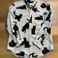 rovtski ロフトスキー 黒猫 ネコ柄 総柄 キャット 綿麻 デザインシャツ