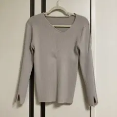 アシンメトリーVネックリブニットトップス★リブ編み長袖トップスオフショルダー