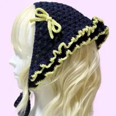 春コーデに＊ダブルフリル バブーシュカ＊ネイビー×イエロー／ヘッドドレス