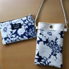 スマホショルダーバッグ ネイビー花柄 ポーチ2点セット★本日限定値下げ