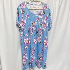 ノーブランド ワンピース ラウンドネック 半袖 花柄 XL 紫 ルームウェア