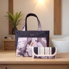 ハンドメイド トートバッグ＆長財布セット　デニムプリント生地　黒
