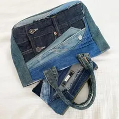 デニムパッチワーク　デニムリメイクトートバッグ　ポーチ付き