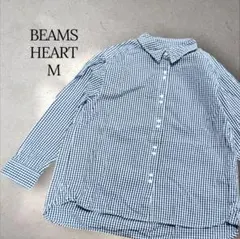 BEAMS HEART ギンガムチェック柄 紺色 7分袖シャツ M