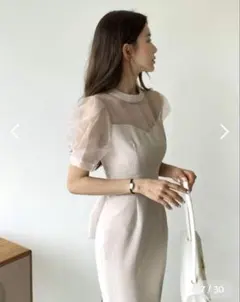 DHOLIC★　ドレス　シアーコントラストパフマーメイドワンピース　結婚式　S