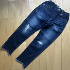 ダークブルー フリンジ裾 スリムフィットパンツ