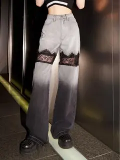 スカラップレースデニムロングパンツ