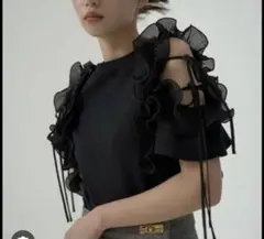 snidel フリルスリーブニットプルオーバー　ブラック