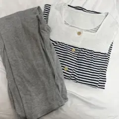 授乳口付き長袖マタニティパジャマセット M〜L ストライプ柄