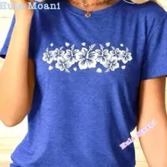 ハイビスカスTシャツ・ブルー♡Mサイズ♡ハワイアン フラダンス♡半袖 青のサムネイル
