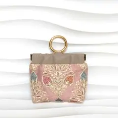インド刺繍生地 バネ口 ころりんポーチ いちご柄 ハンドメイド