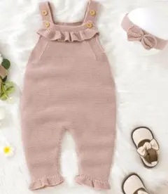SHEIN　フリルニットオーバーオール　ピンク　ヘアバンド付き3-6m
