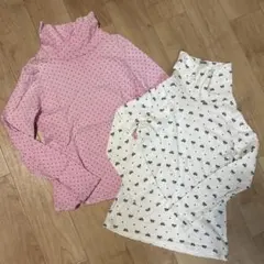 ユニクロ　タートルネック　ロンT ピンクドット130㎝　白リボン120㎝